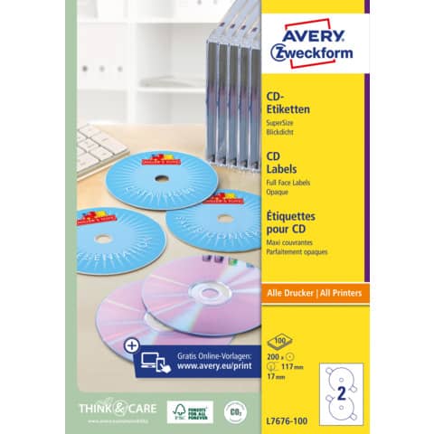 Etichette per CD AVERY finitura coprente Ø 117 mm - 2 et/foglio - per Laser - bianche - conf. 100 fogli - L7676-100